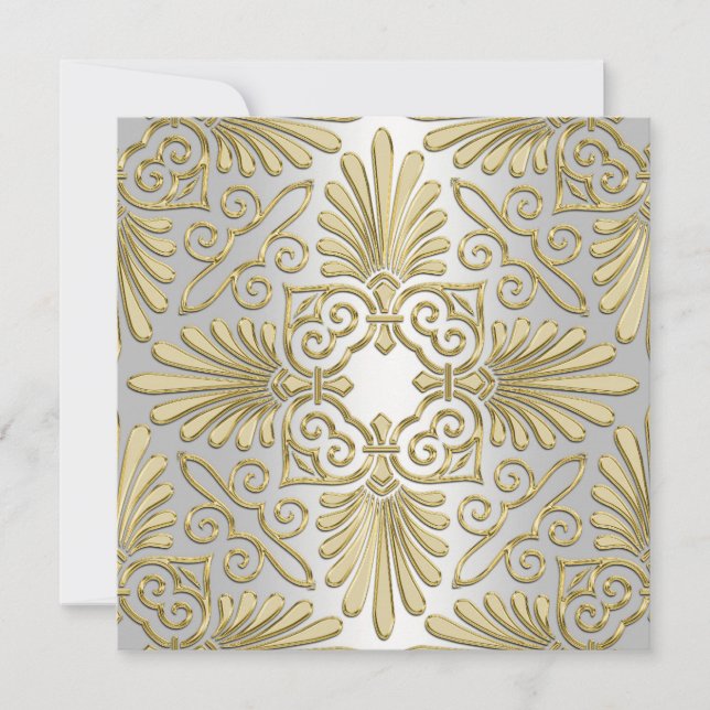 Gold White Art Deco Damask Wedding Invite (Front)