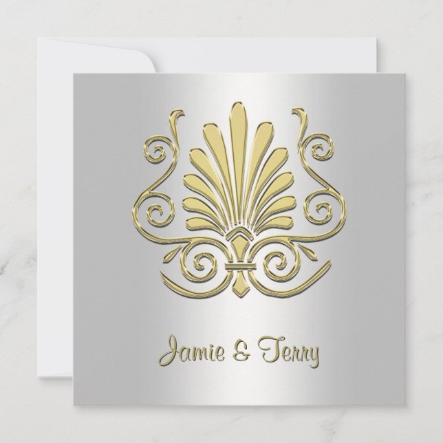 Gold White Art Deco Damask Wedding Invite 2 (Front)