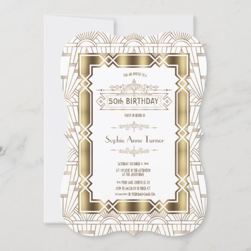 Gold White Art Deco Gatsby 20s 50th Birthday Party Invitation