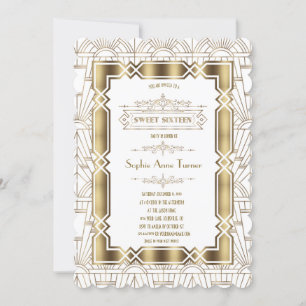 Gold White Art Deco Gatsby 20s Style Sweet 16 Invitation
