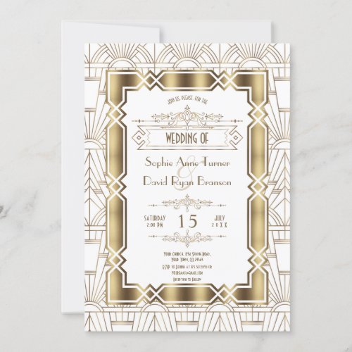 Gold White Art Deco Gatsby 20s Style Wedding Invitation