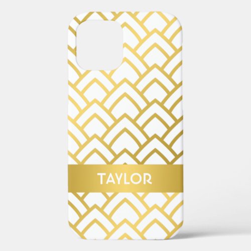 Gold White Art Deco Geometric Pattern Personalize iPhone 12 Case