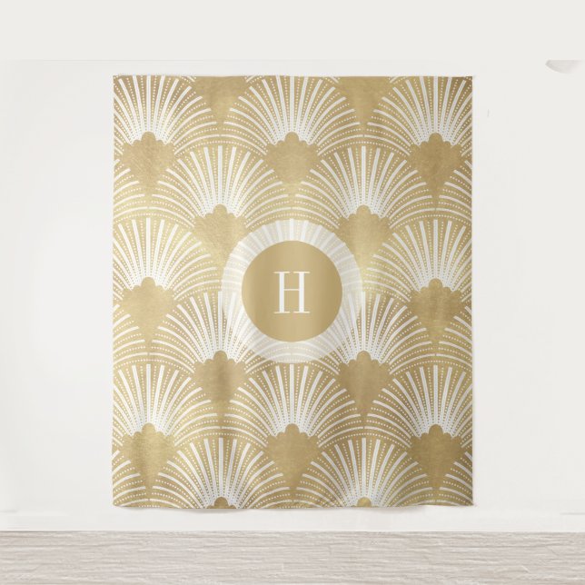 Gold & White Art-deco Pattern No.38 Tapestry (Front)