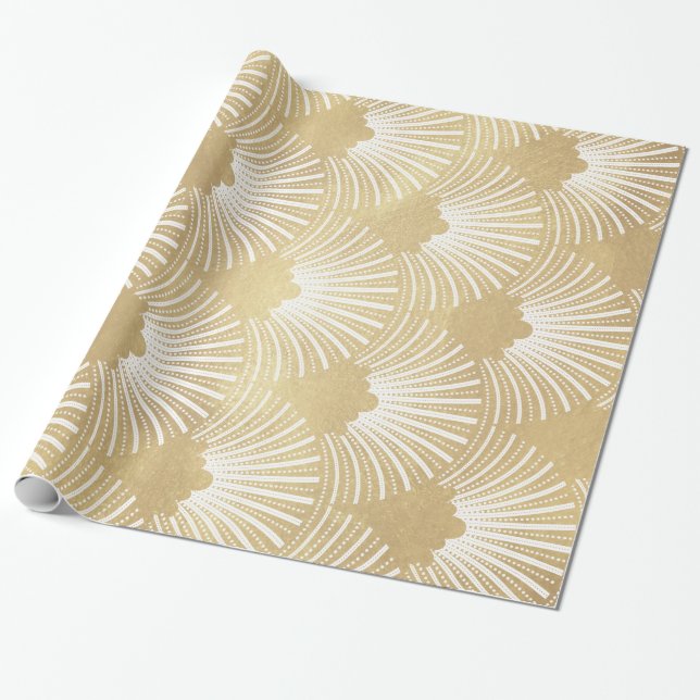 Gold & White Art-Deco Pattern Wrapping Paper (Unrolled)