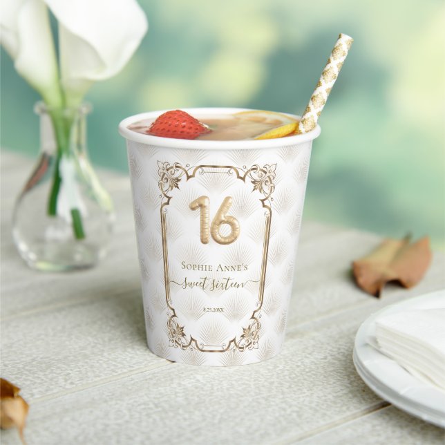 Gold White Art Deco Sweet 16th Birthday Paper Cups (Insitu)