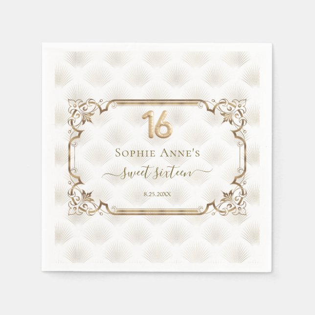 Gold White Art Deco Sweet Sixteen Birthday Napkins (Front)