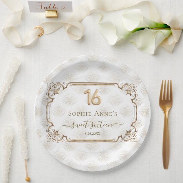 Gold White Art Deco Sweet Sixteen Birthday Paper Plates (Wedding)
