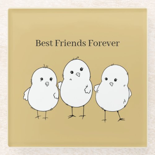 Gold White Baby Chicks Best Friends Forever Glass Coaster