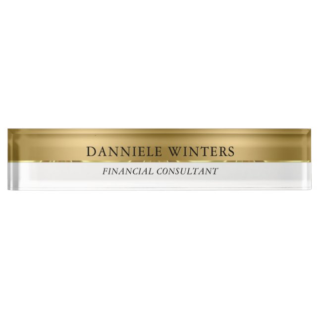 Gold & White Background Black Typography Desk Name Plate (Front)