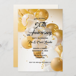 Gold & White Balloons Anniversary Invitations