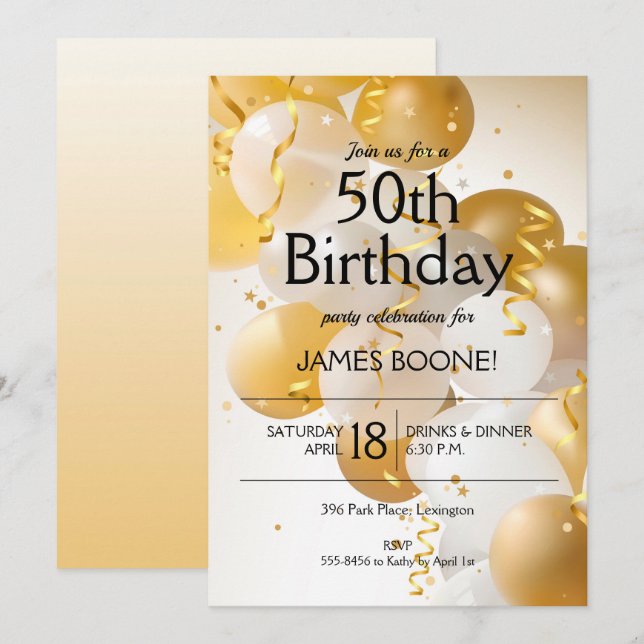 Gold White Balloons Birthday Invitation (Front/Back)