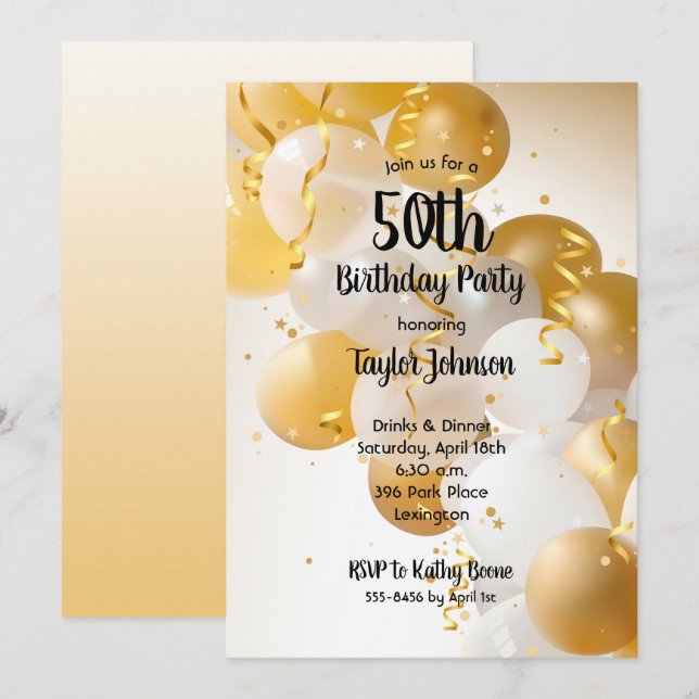 Gold White Balloons Birthday Party Invitation (Front/Back)