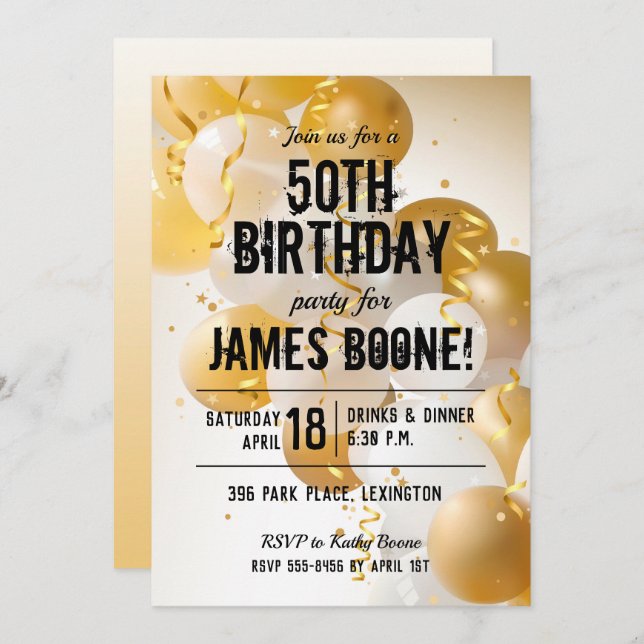 Gold White Balloons Birthday Party Invitations (Front/Back)