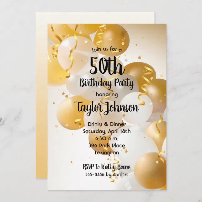 Gold White Balloons Birthday Party Invitations | Zazzle