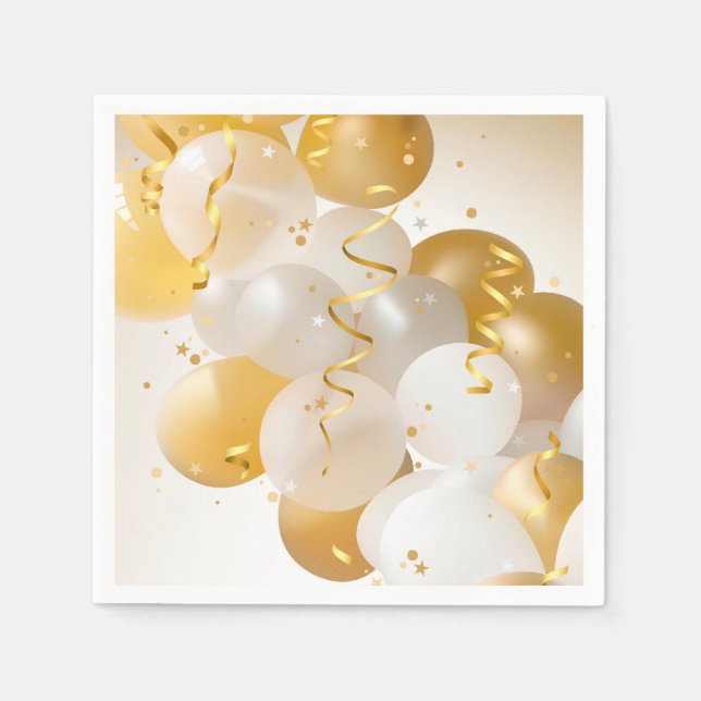 Gold & White Balloons Party Napkins (Front)