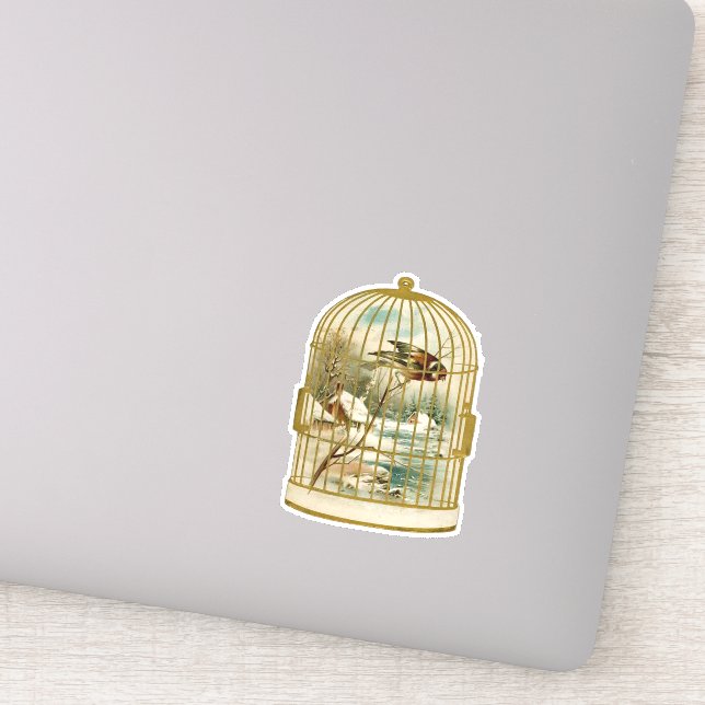Gold White Birdcage With Bird on Branch Cabin Snow Sticker (Detail)
