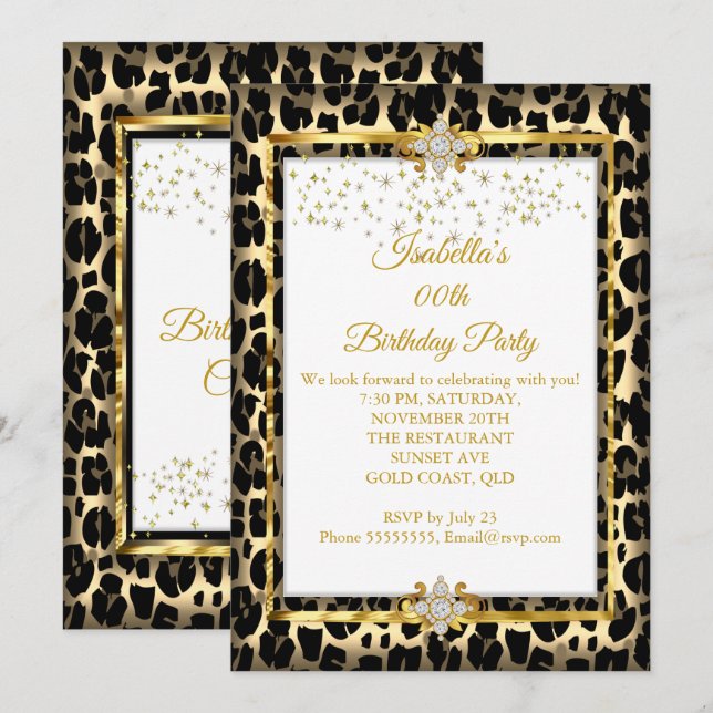 Gold White Black Animal Print Birthday Party Invitation (Front/Back)