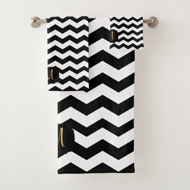 Gold, White & Black Chevron Design Bath Towel Set (Insitu)