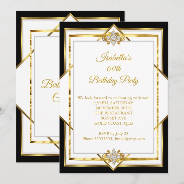Gold White Black Diamond Birthday Party Invitation (Front/Back)