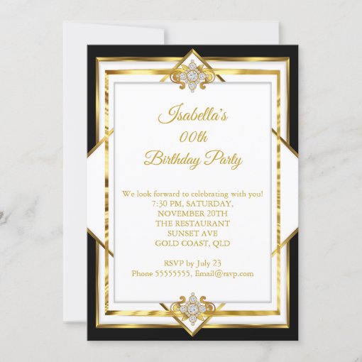 Gold White Black Diamond Birthday Party Invitation | Zazzle