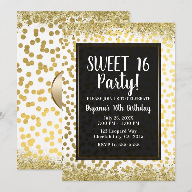 Gold White & Black Foil Confetti Modern Party Invitation (Front/Back)