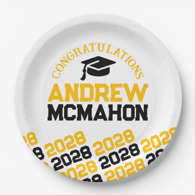 Gold White Black Half Repeat Grad Personalized Paper Plates (Front)