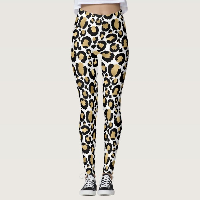 Gold, white & black leopard print Leggings (Front)