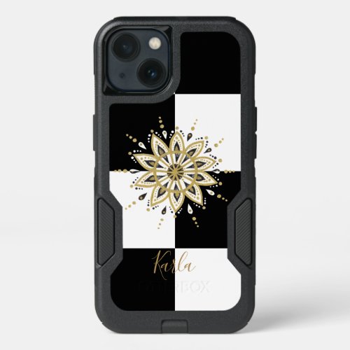 Gold white  black mandala geometric background 4 iPhone 13 case
