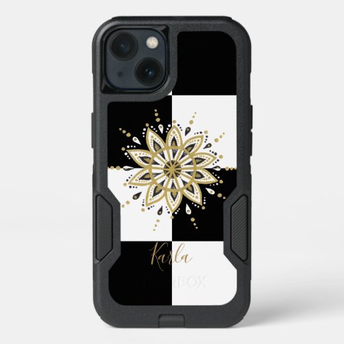 Gold white  black mandala geometric background 4 iPhone 13 case
