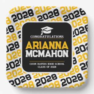 Gold, White & Black Personalized Graduation Pape Paper Plates