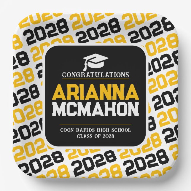 Gold, White & Black Personalized Graduation Pape Paper Plates (Front)