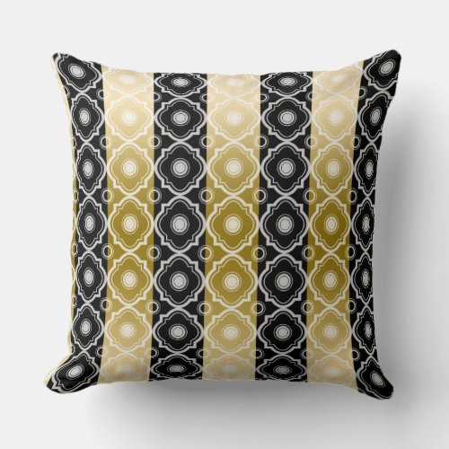 Gold White  Black Stripes  Quatrefoil Geometric Throw Pillow