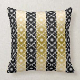 Gold White & Black Stripes & Quatrefoil Geometric Throw Pillow