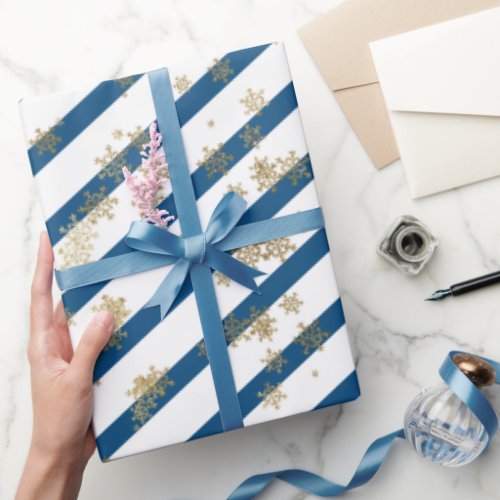 Gold White Blue Christmas Snowflake Pattern Wrapping Paper