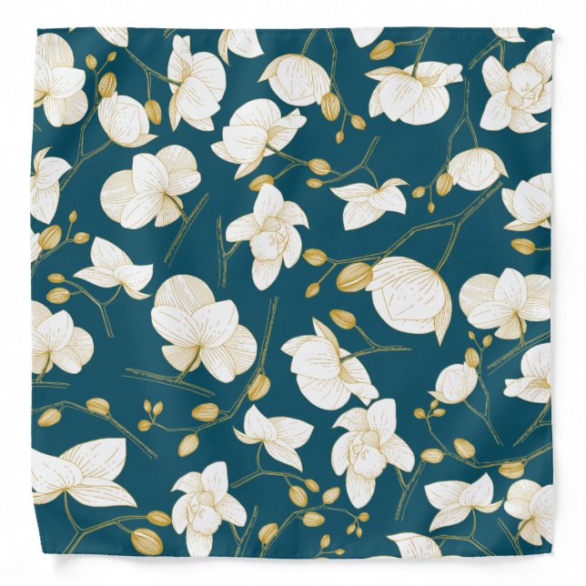 Gold & white blue elegant orchid floral modern bandana (Front)