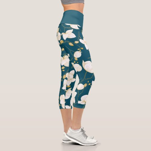 Gold white  blue elegant orchid floral modern capri leggings