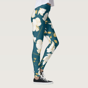 Gold, white & blue elegant orchid floral modern leggings