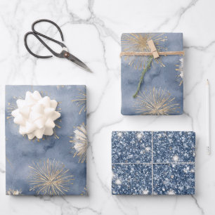 Gold White Blue Glitter Fireworks Wrapping Paper Sheets