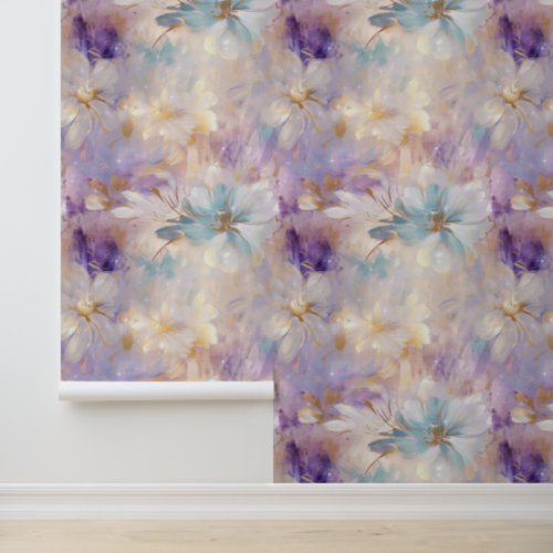 Gold White Blue Purple Abstract Floral Wallpaper