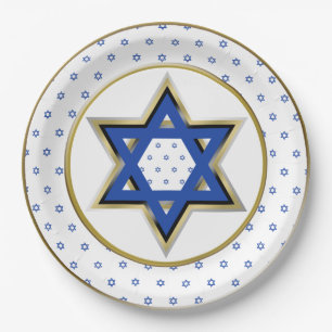 Gold White Blue Star of David Gold Ring Trim Paper Plates