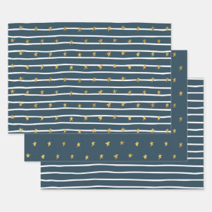 Gold White Blue Stars and Stripes Wrapping Paper Sheets