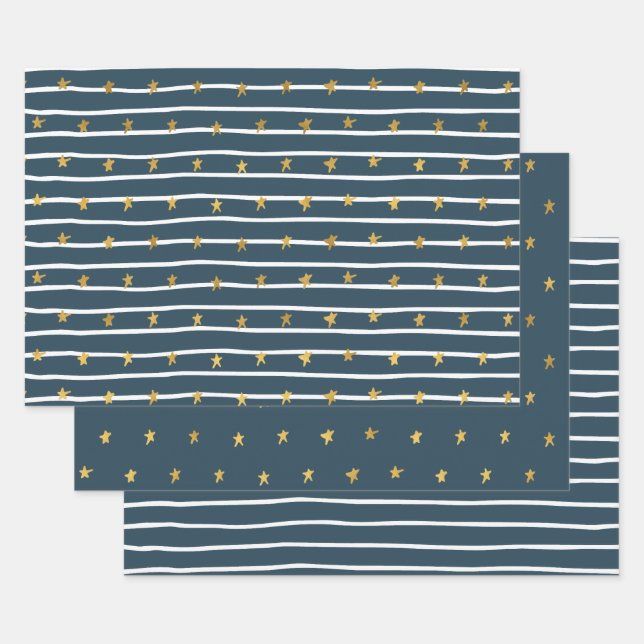 Gold White Blue Stars and Stripes Wrapping Paper Sheets (Set)