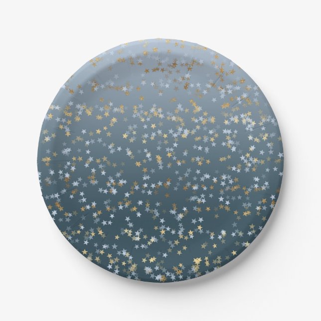 Gold White Blue Stars Shine Bright Paper Plates (Front)