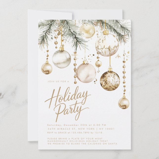 Gold White Blush Ornaments Baubles Christmas Party Invitation (Front)