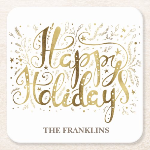 Gold White Brush Script Happy Holidays Christmas Square Paper Coaster