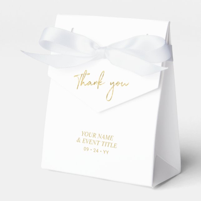 Gold & White | Brush Script Party Thank you Favor Boxes (Front Side)