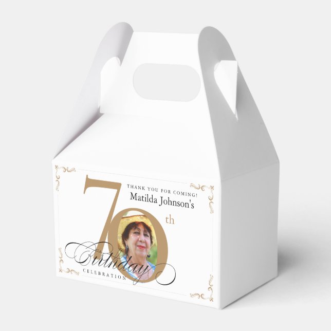  Gold White Calligraphy Custom Photo 70th Birthday Favor Boxes (Front Side)