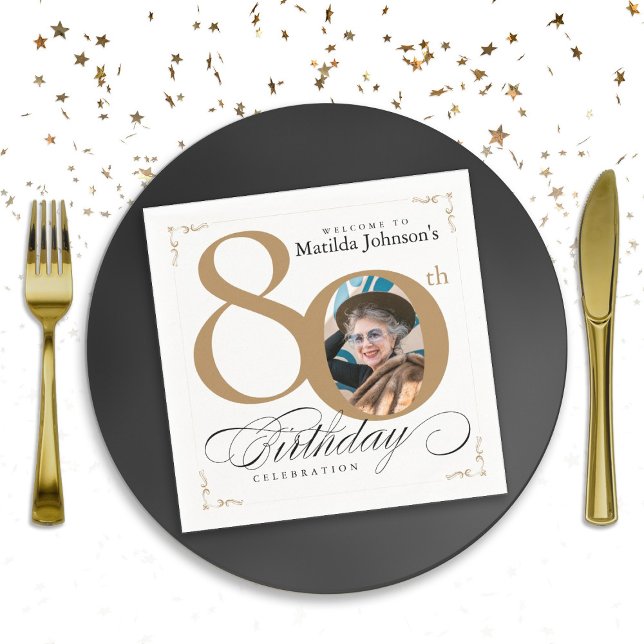 Gold White Calligraphy Custom Photo 80th Birthday Napkins (80th Birthday Gold White Calligraphy Custom Photo Napkins)