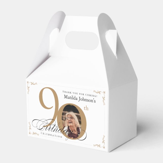 Gold White Calligraphy Photo Elegant 90th Birthday Favor Boxes (Front Side)