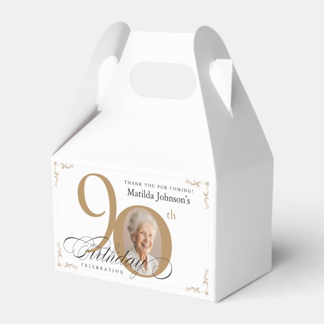 Gold White Calligraphy Photo Elegant 90th Birthday Favor Boxes (Front Side)